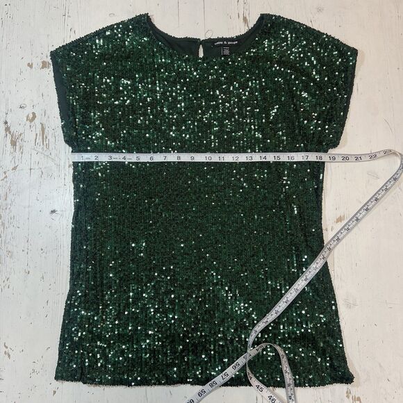 Cable & Gauge Blouse Holiday Top M Sequins Sparkle Forest Winter Green Festive - Picture 6 of 9